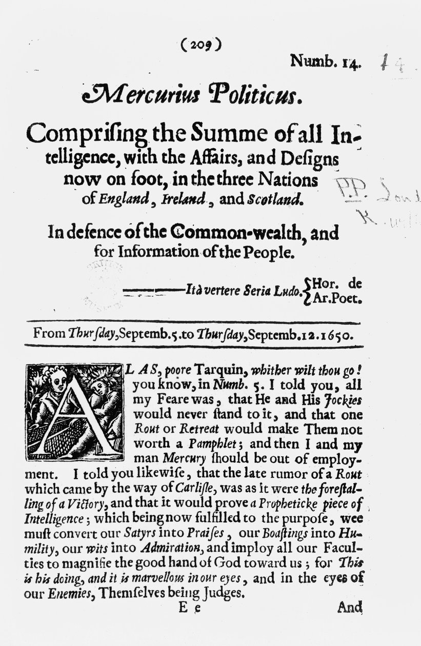 Forside, fra Mercurius Politicus, til forsvar for Samveldet og for informasjon til folket, 1650 av English School