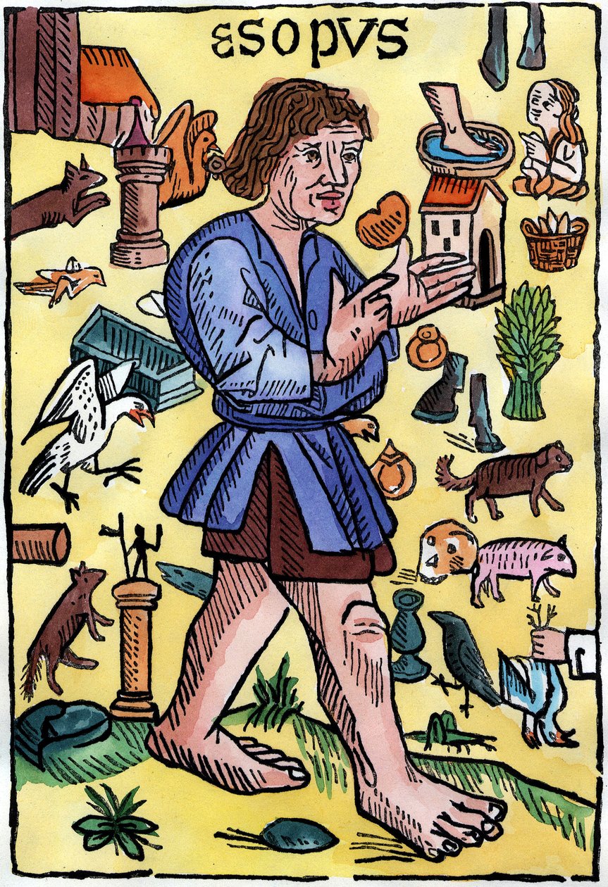 Frontispice av ""Fables"" av Aesop, utgaver trykt i England av William Caxton (1422? - 1491). av English School