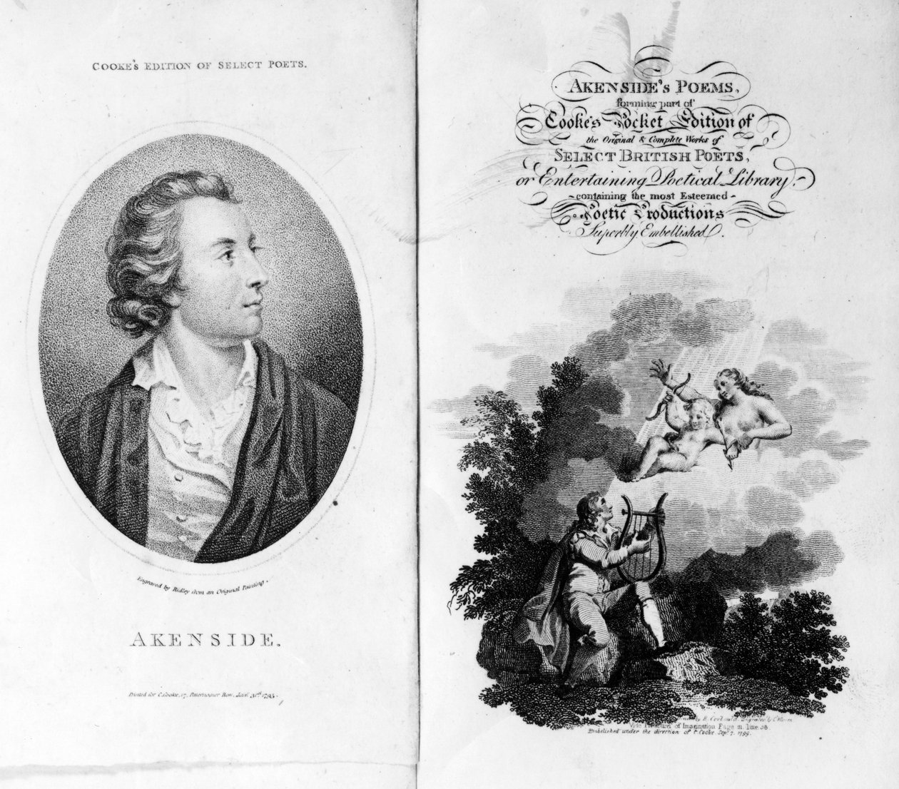 Frontispice og tittelside for Akensides-dikt fra Cookes Pocket Edition av utvalgte britiske poeter, utgitt 1799 av English School