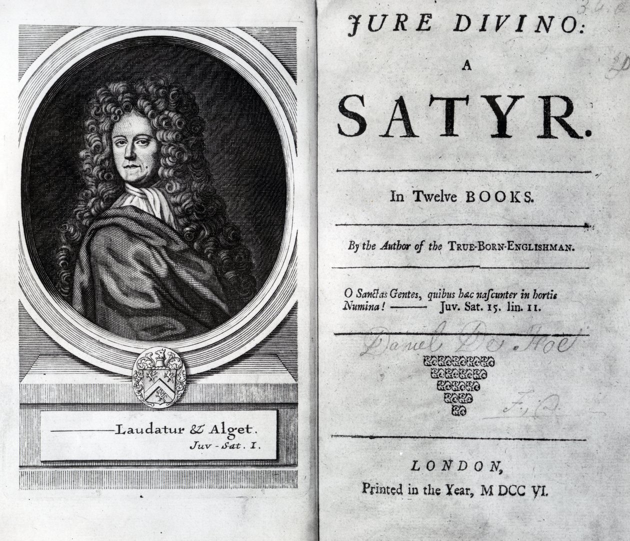 Frontispice og tittelside for Jure Divino: A Satyr av Daniel Defoe, utgitt 1706 av English School