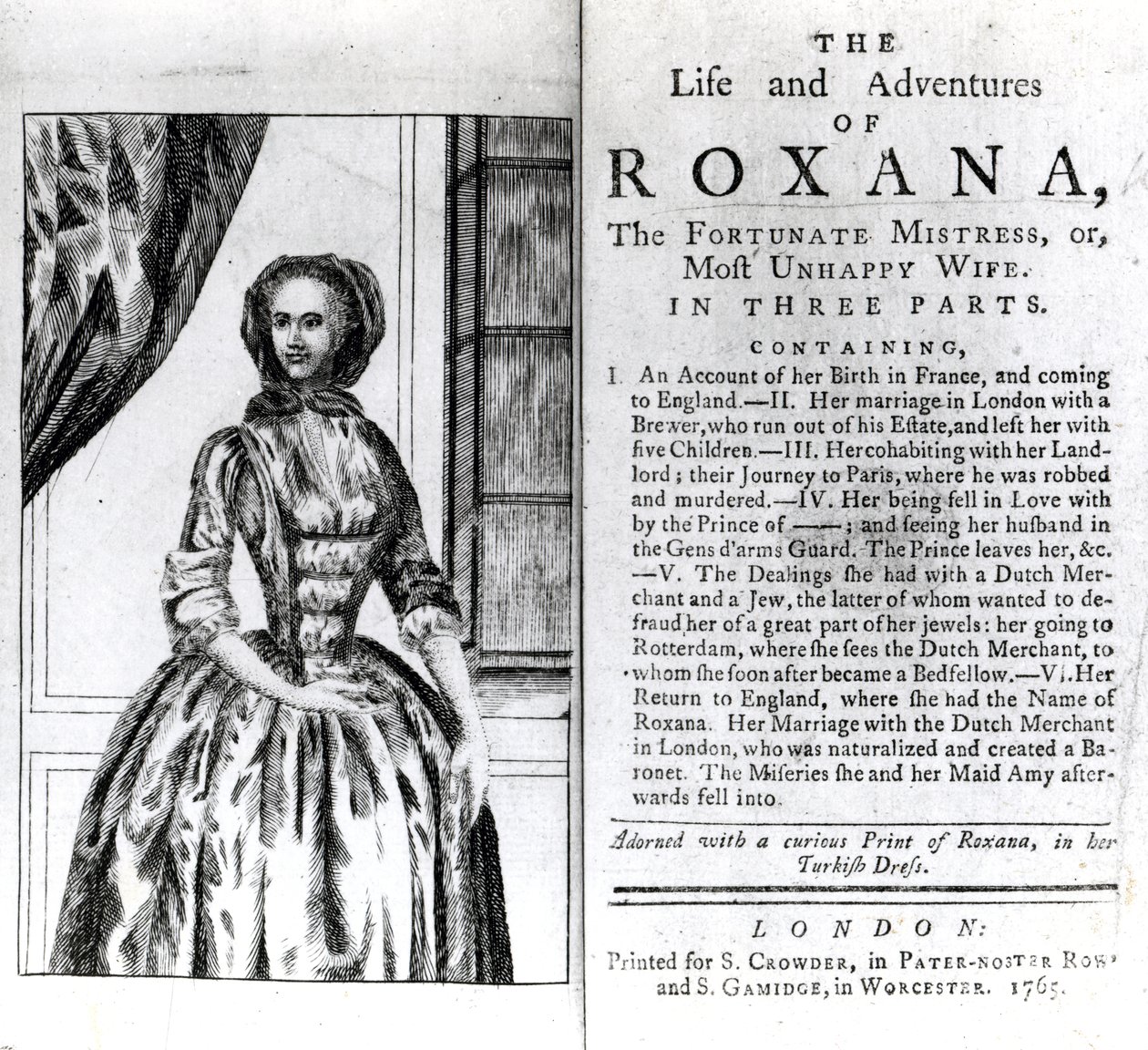 Frontispice og tittelside for The Life and Adventures of Roxana av Daniel Defoe, utgitt 1765 av English School