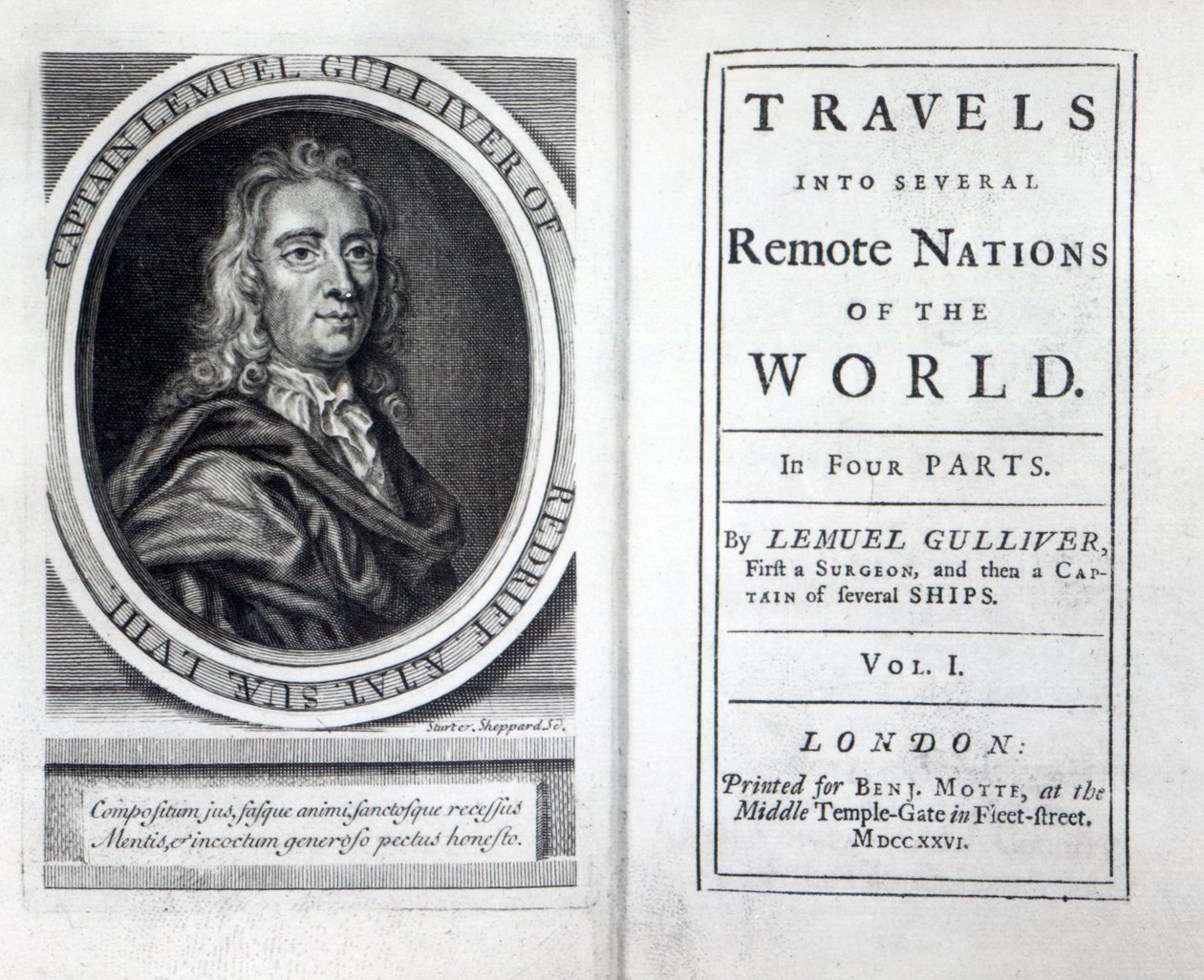 Frontispice og tittelside til Gullivers reiser av Jonathan Swift, 1726 av English School