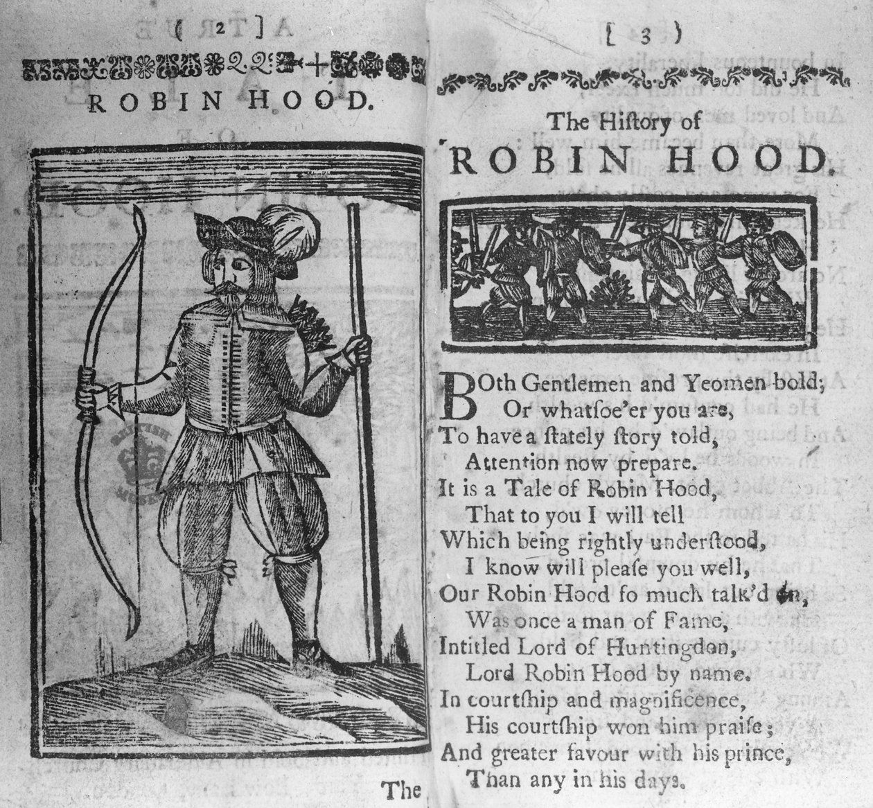 Frontispice og åpningslinjer til The History of Robin Hood av English School