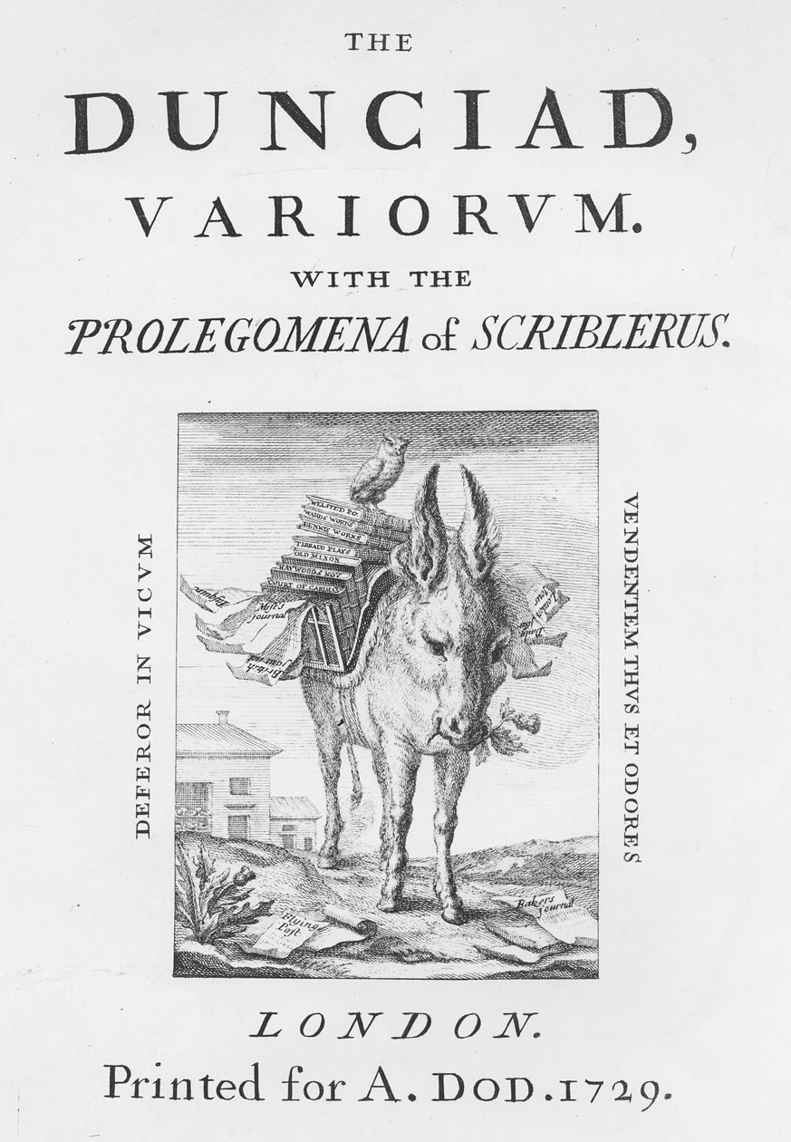 Frontispice og tittelside til The Dunciad Variorum av Alexander Pope, 1729 av English School
