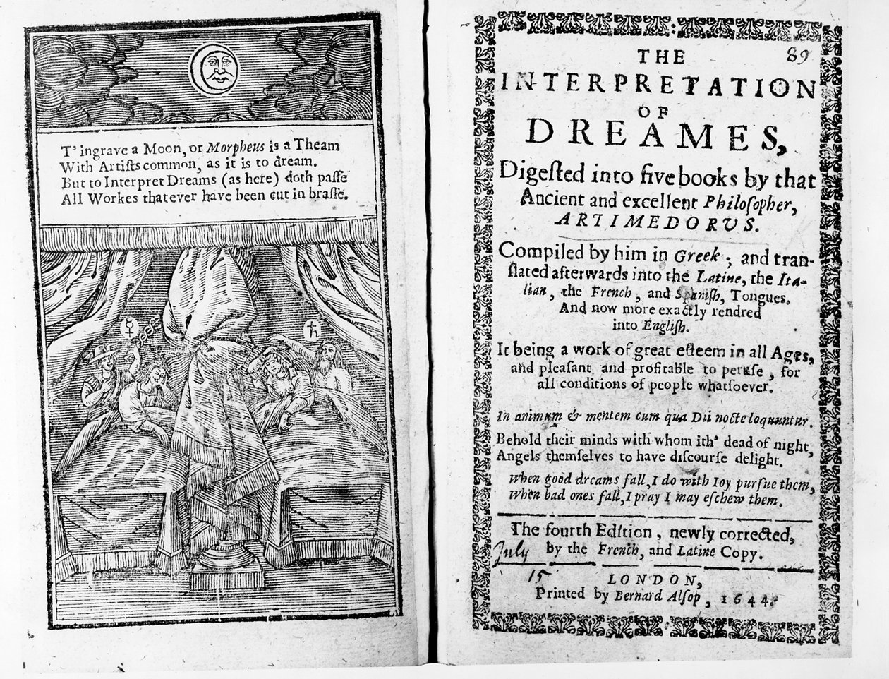 Frontispice og tittelside til The Interpretation of Dreams av Artemidorus, engelsk utgave utgitt i 1644 av English School