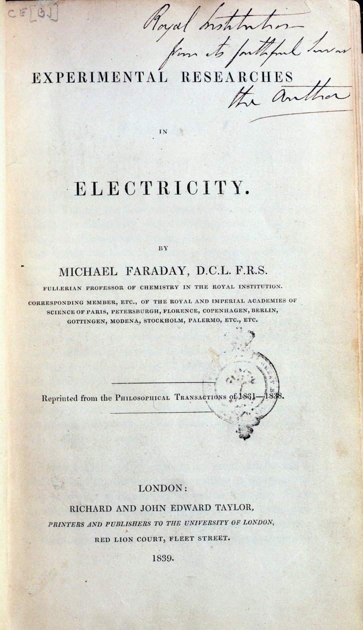 Frontispice for Experimental Researches in Electricity av Michael Faraday (1791-1867) publisert 1839 av English School