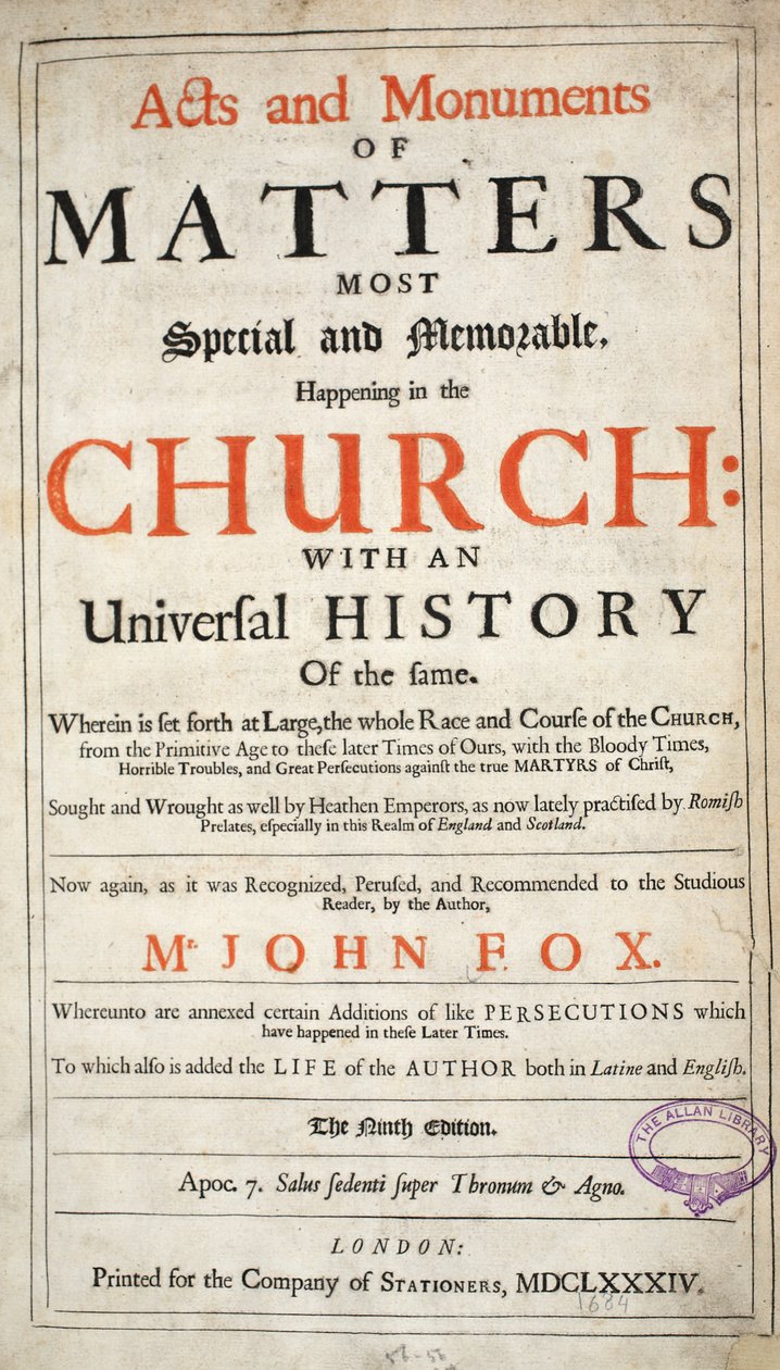 Frontispice , fra Acts and Monuments av John Foxe, niende utgave, pub. 1684 av English School