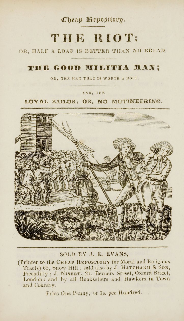 Frontispice fra "Opprøret, eller, et halvt brød er bedre enn ikke noe brød; Den gode militsmannen, eller, Mannen som er verdt en vert; og, Den lojale sjømannen, eller, ingen mytteri", ca.1839-44 av English School
