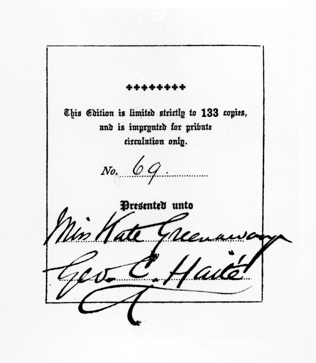 Frontispice fra en Sette of Odd Volumes-publikasjon av George C. Haite dedikert til Kate Greenaway, ca. 1880-1900 (penn og blekk og boktrykk på papir) av English School