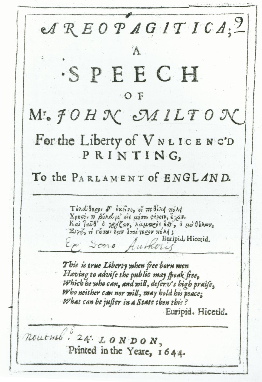 Frontispice av Areopagitica, en tale fra John Milton (1608-74) pub. i 1644 av English School
