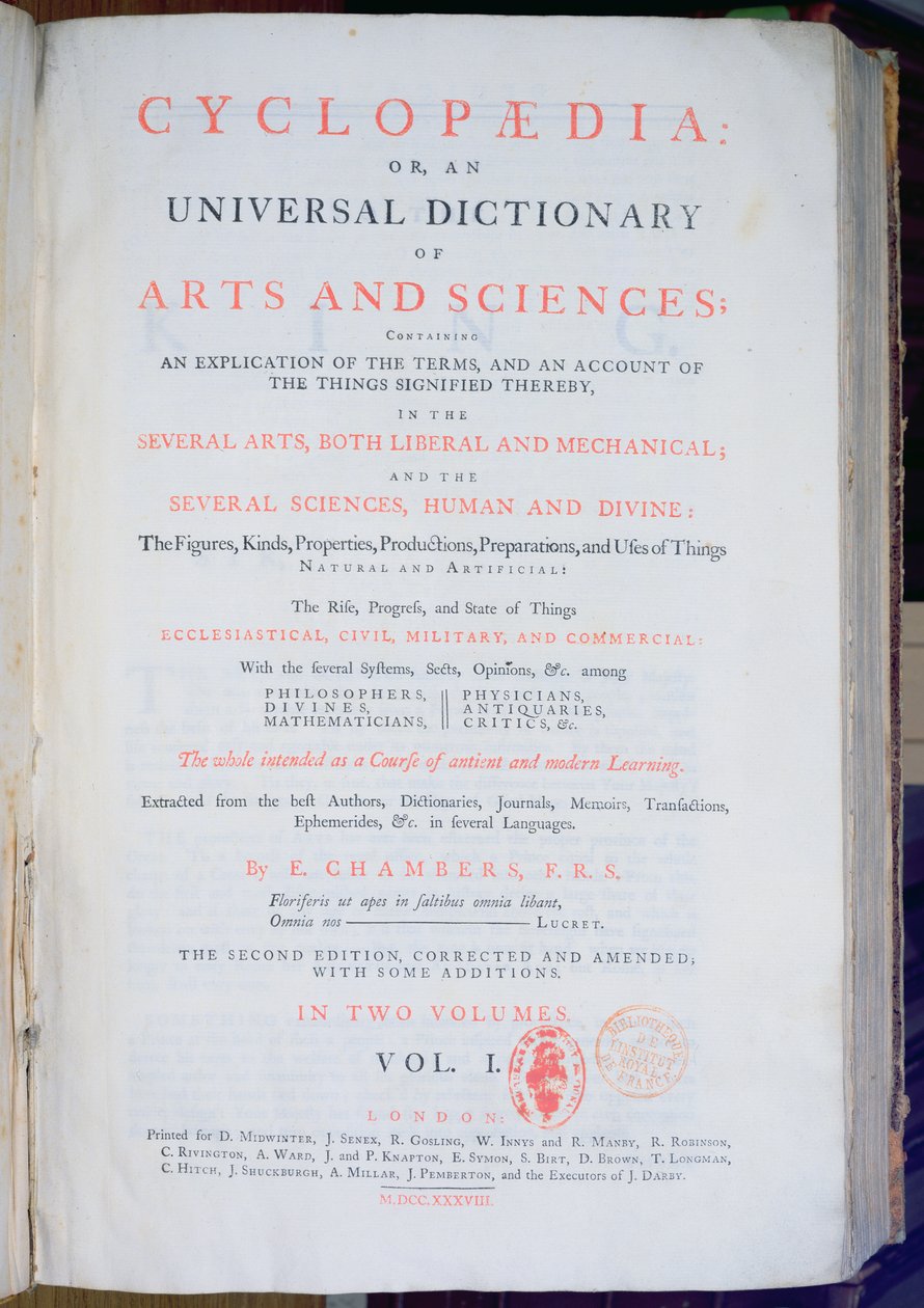 Frontispice of Encyclopaedia: An Universal Dictionary of Arts and Sciences, Vol. I, av Ephraim Chambers, London, 1738 (trykt papir) av English School