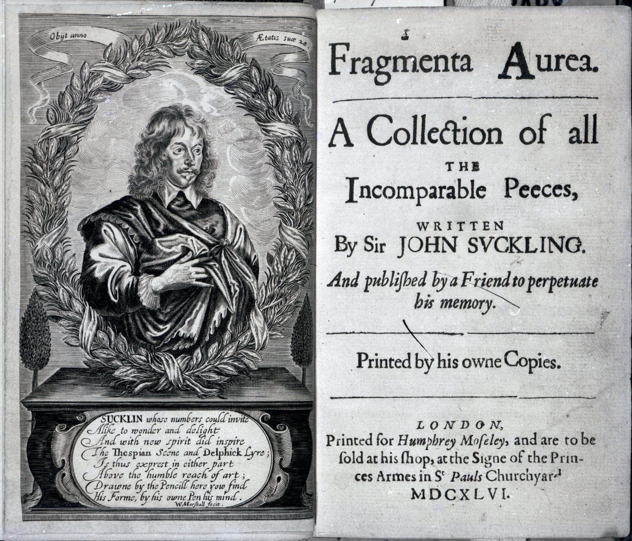 Frontispice of Fragmenta Aurea, A Collection of all the Incomparable Peeces skrevet av Sir John Suckling, utgitt i 1646 av English School