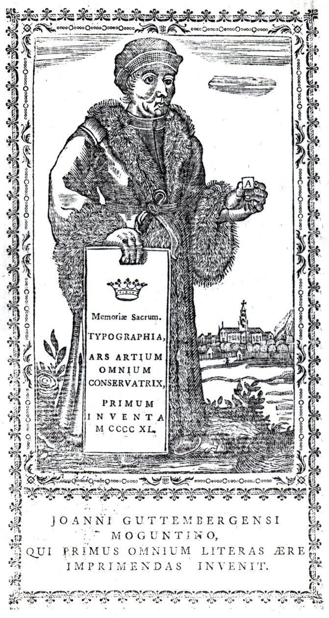 Frontispice av Johannes Gutenberg fra A Concise History of the Origin and Progress of Printing av Philip Luckombe, utgitt 1770 av English School