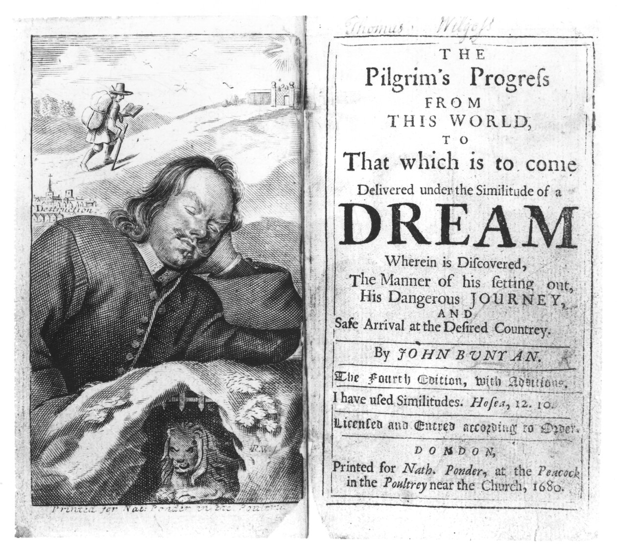 Frontispice of The Pilgrims Progress av John Bunyan (1628-88) pub. i 1680 av English School