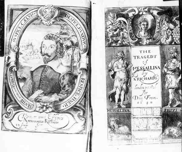 Frontispice av The Tragedy of Messallina av Nathanael Richards (fl.1630-40), pub. i 1640 av English School