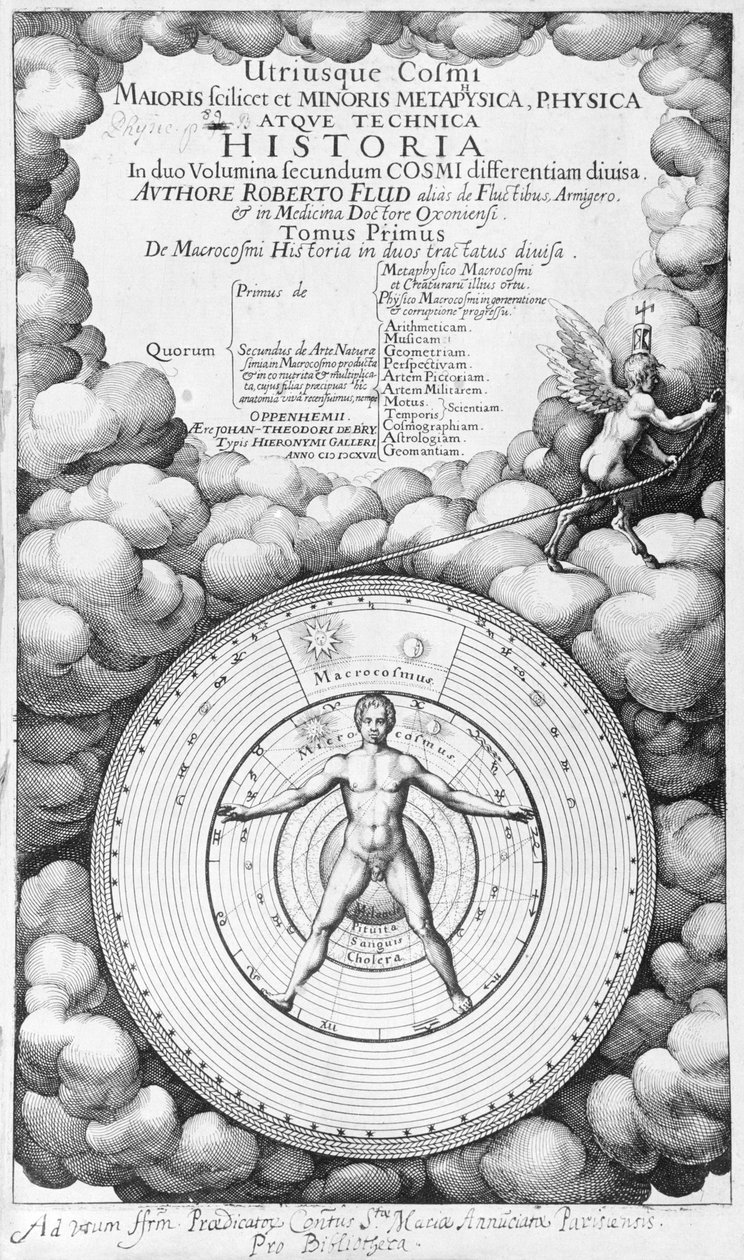 Frontispice of Utriusque Cosmi Historia av Robert Fludd (1574-1637) bind I, utgitt av Oppenheim 1617 av English School