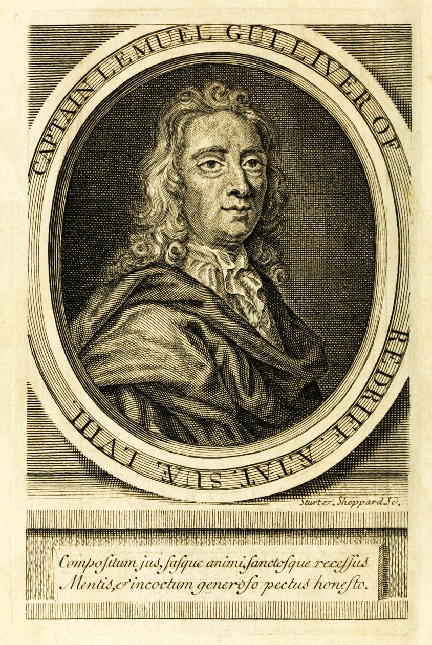 Frontispice-portrett av kaptein Lemuel Gulliver fra "Reiser til flere avsidesliggende nasjoner i verden" bedre kjent som "Gullivers reiser" av Jonathan Swift av English School