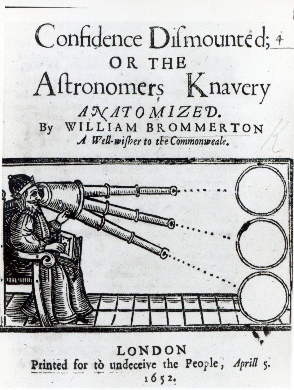 Frontispice til Confidence demontert; eller Astronomers Knavery Anatomized av William Brommerton, publisert 1652 av English School