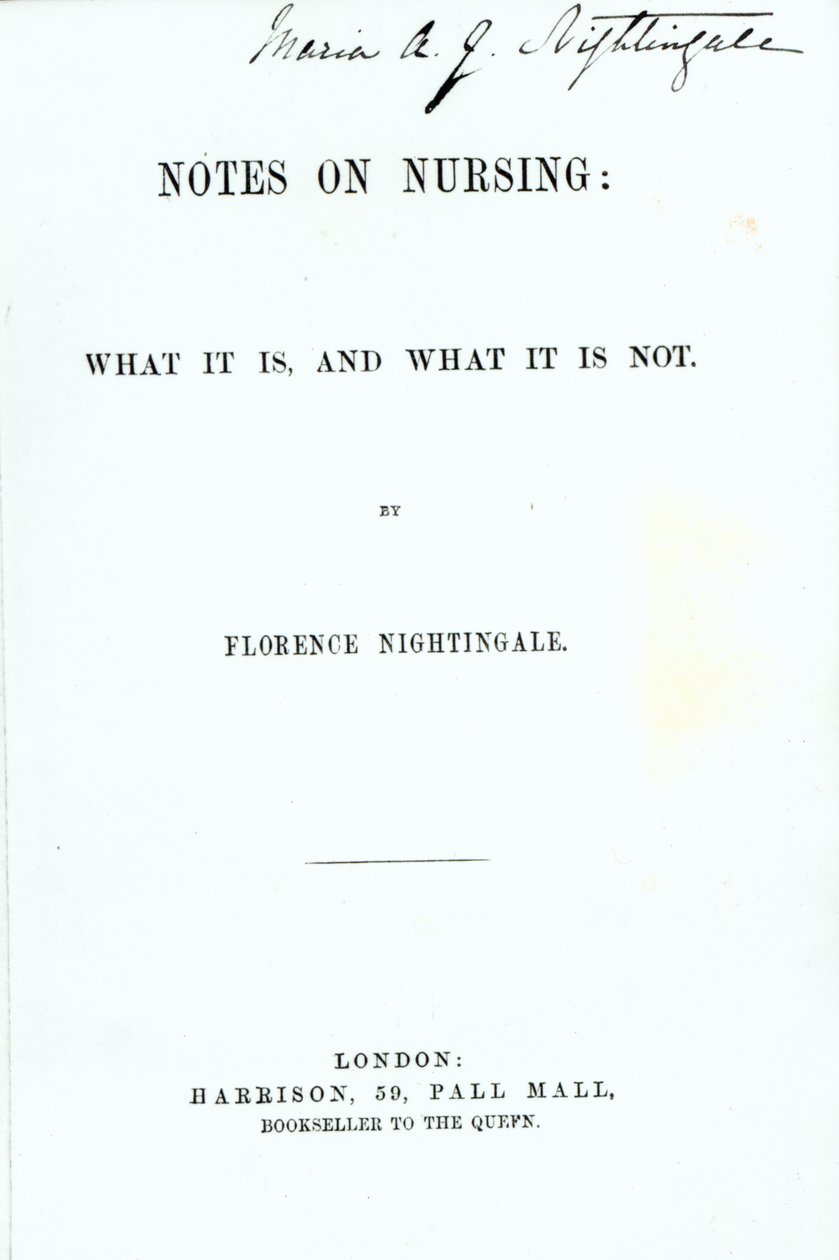 Frontispice til Florence Nightingales Notater om sykepleie: Hva det er og hva det ikke er, utgitt i 1860 av English School