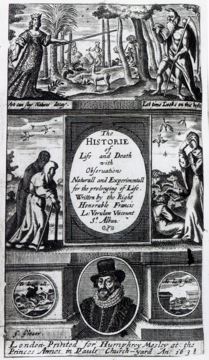 Frontispice til Francis Bacons The History of Life and Death , utgitt i 1638 av English School