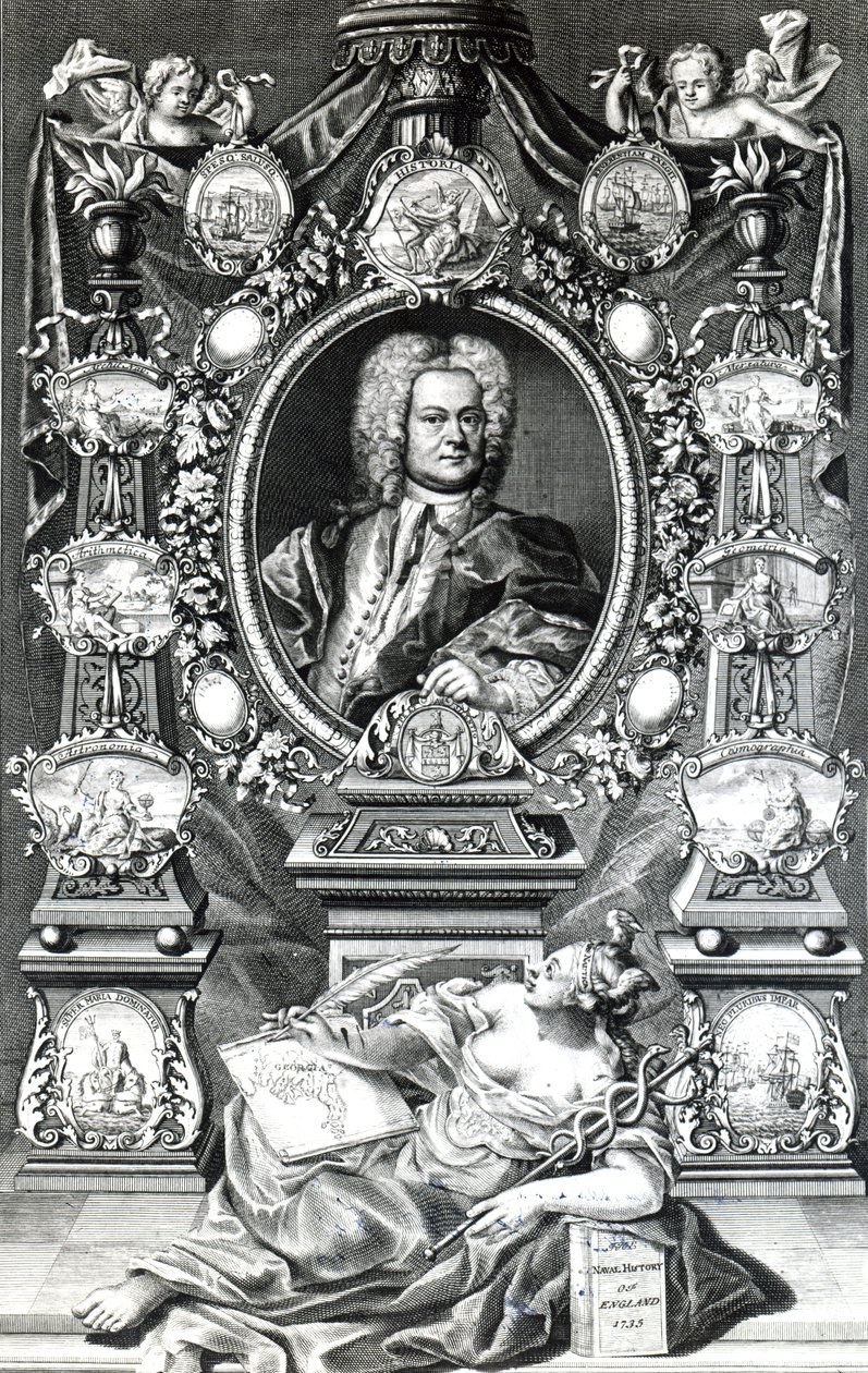 Frontispice til Naval History of England av Thomas Lediard, utgitt 1735 av English School