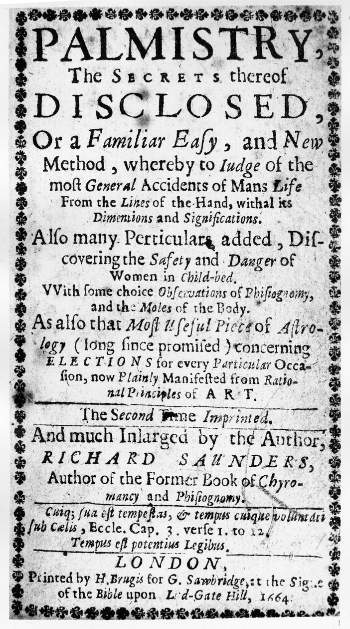 Frontispice to Palmistry, the Secrets of It Disclosed av Richard Saunders, 1664 av English School