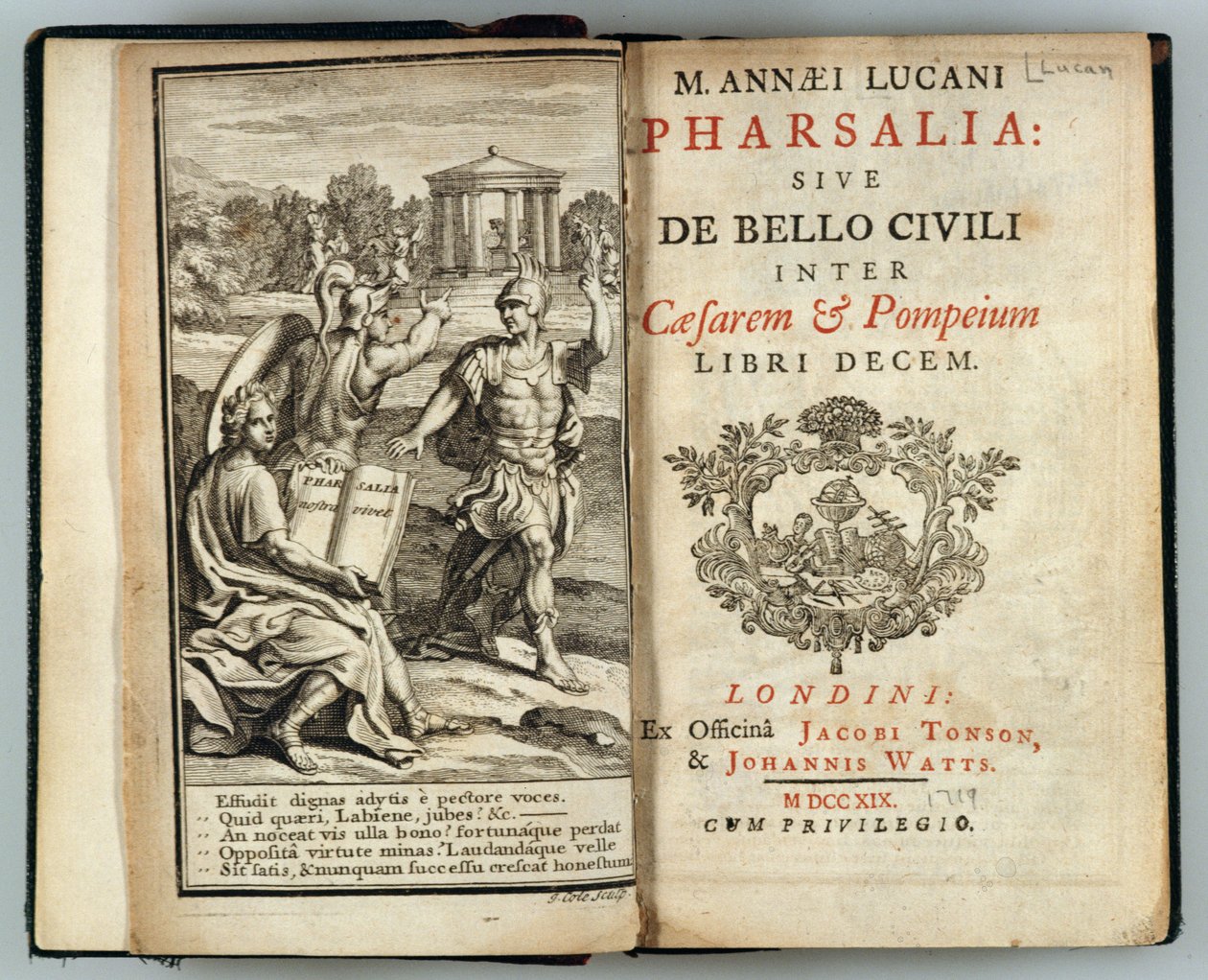 Frontispice til Pharsalia eller The Civil War Between Caesar and Pompey av Marcus Annaeus Lucan (AD 39-65) gravert av J. Cole, 1719 av English School