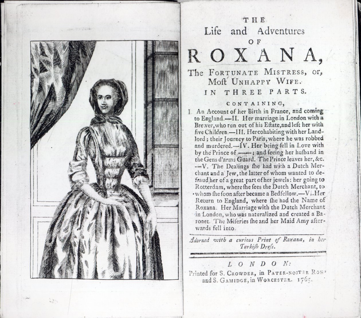 Frontispice til Roxana, The Fortunate Mistress av Daniel Defoe, utgave utgitt i 1765 (trykk) av English School