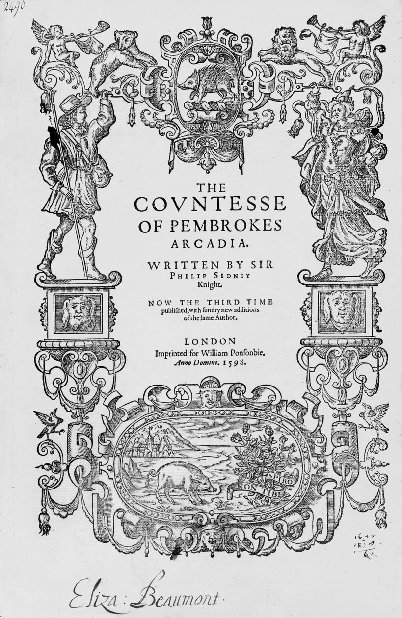 Frontispice til grevinnen av Pembrokes Arcadia, 1592, av Sir Philip Sidney (1554-86), tredje utgave, pub.1598 av English School