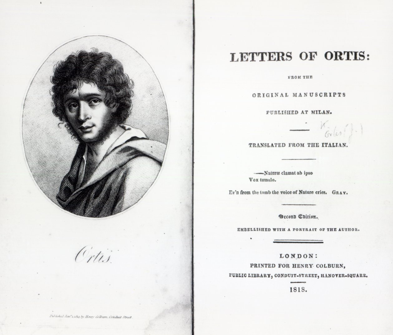 Frontispice til The Letters of Ortis av Niccolo Ugo Foscolo, utgave utgitt i 1818 av English School