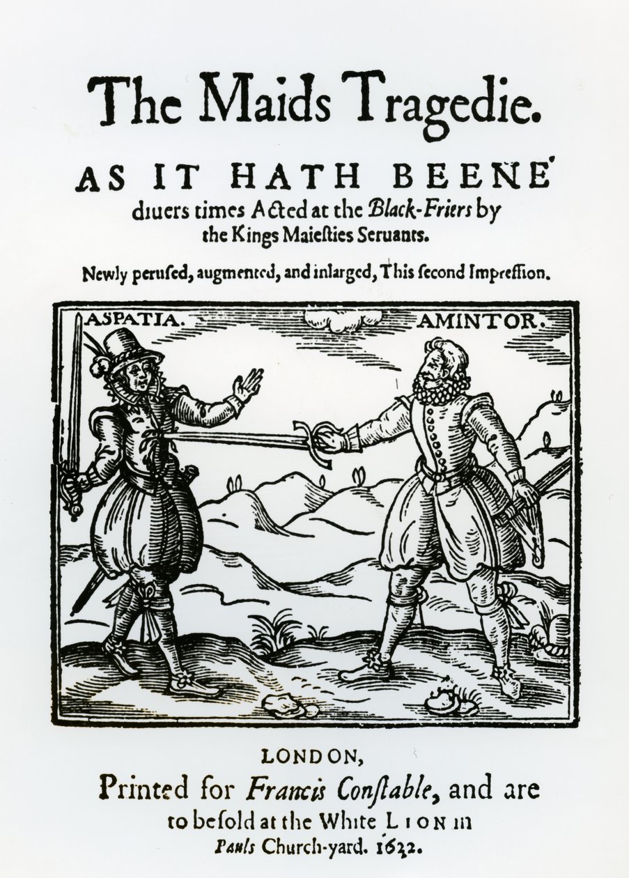 Frontispice til The Maids Tragedy av Sir Francis Beaumont (1584-1616) og John Fletcher (1579-1625) 1622 av English School