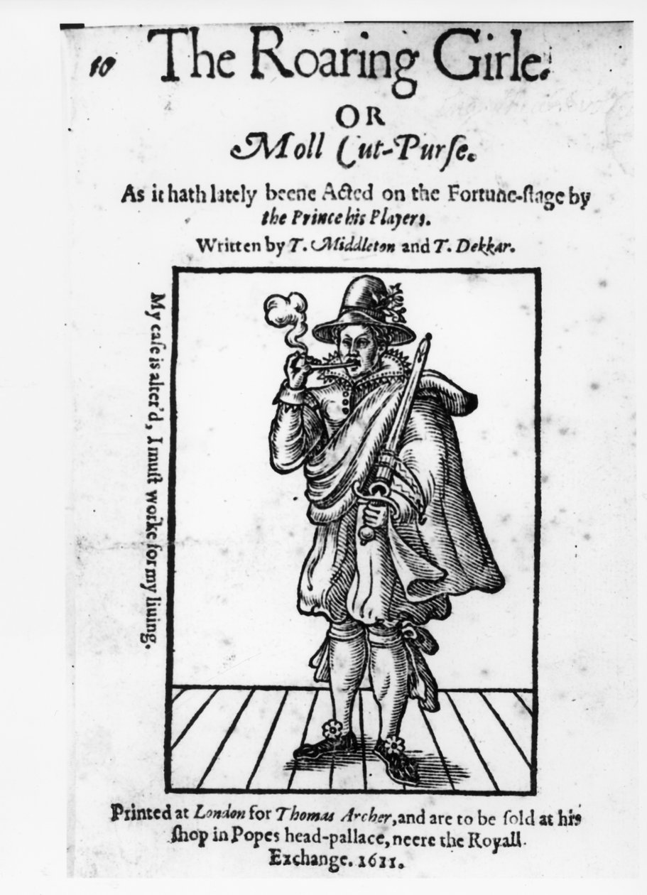 Frontispice til The Roaring Girle eller Moll Cut-Purse av Thomas Middleton (1580-1627) og Thomas Dekker (ca. 1570-1632) 1611 av English School