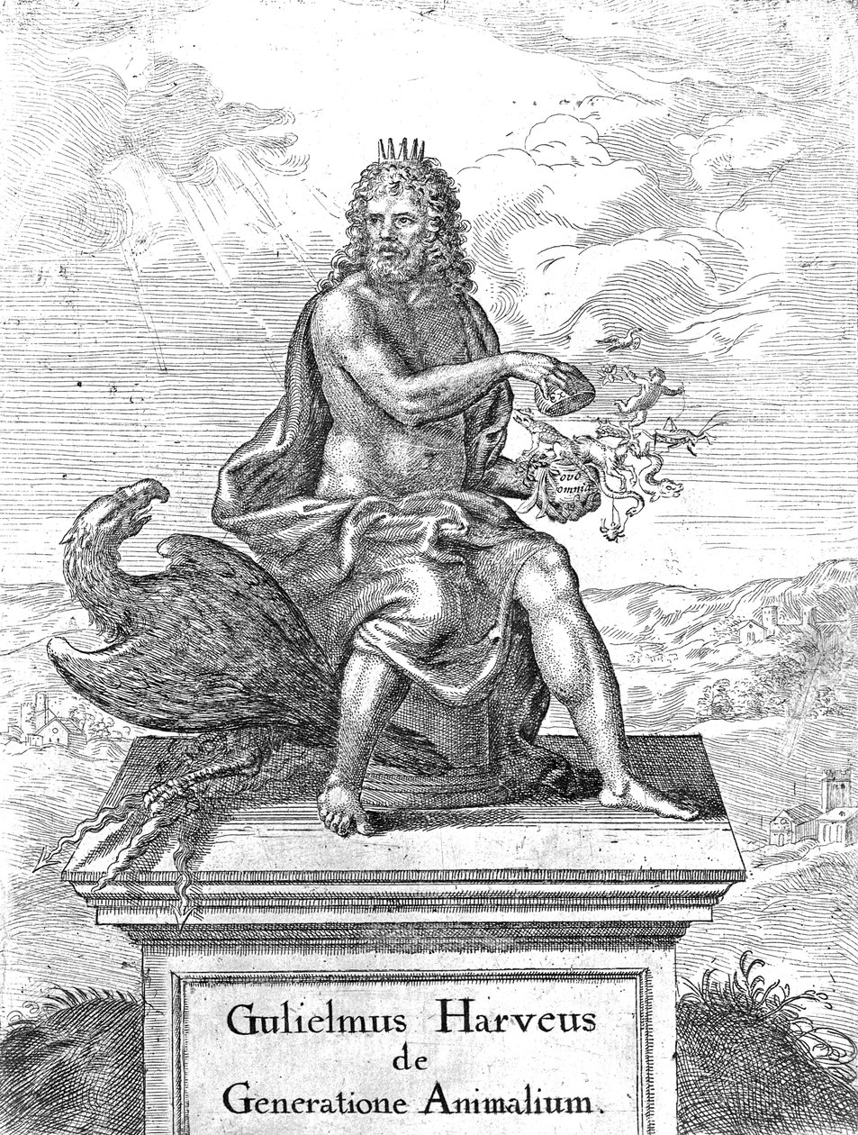 Frontispice til William Harveys The Generation of Animals utgitt i 1651 av English School