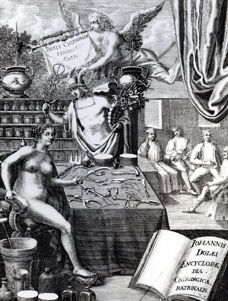 Frontispice til en Encyclopaedia of Surgical Thought av John Dolaeus av English School