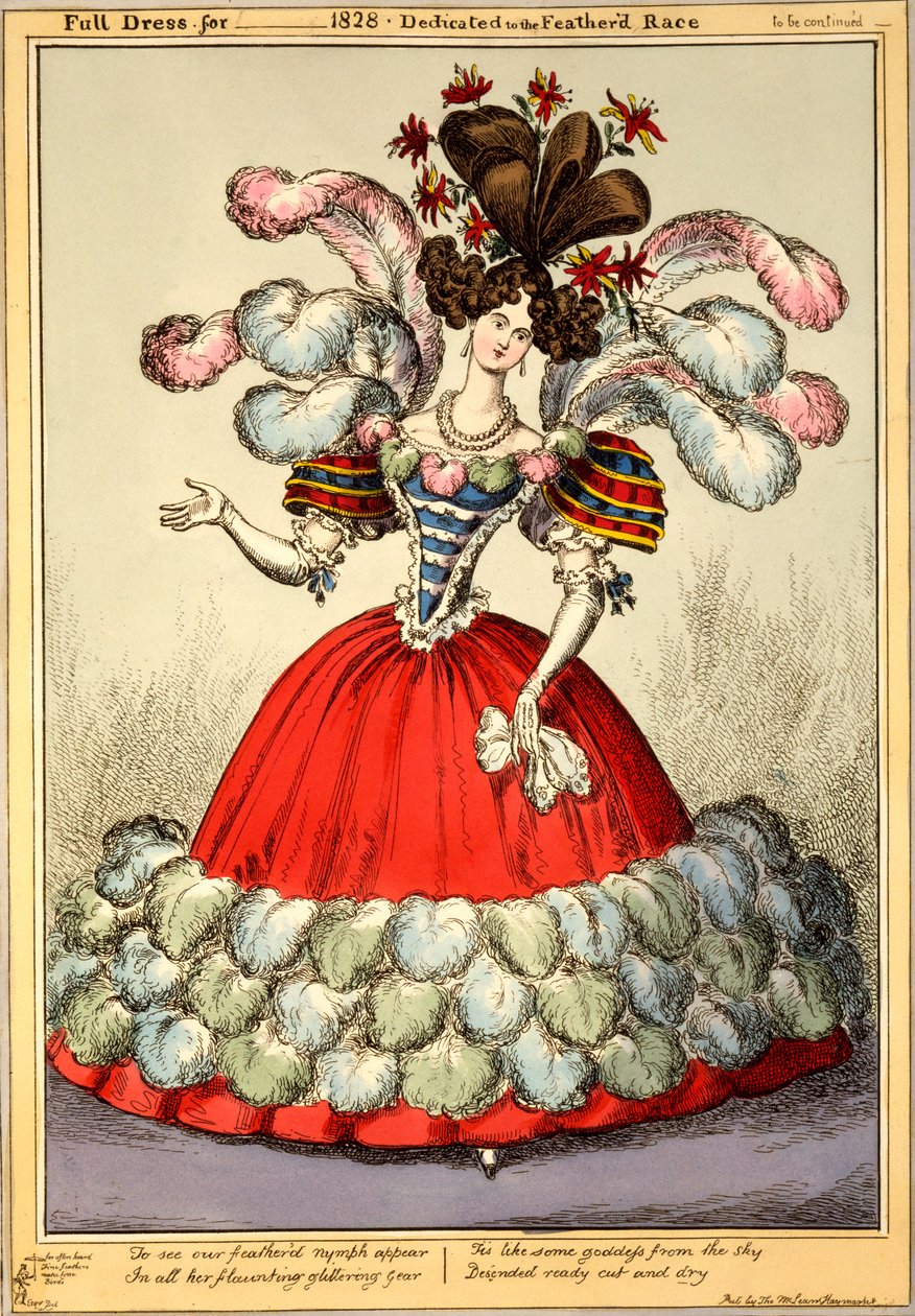 Hel kjole for _ 1828 - Dedikert til det fjærkledde rase, 1828 (håndfarget gravering) av English School