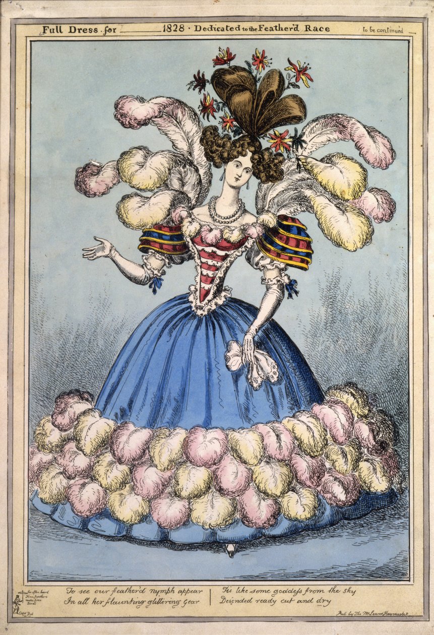Hel kjole for ?1828. Dedikert til Featherd Race, pub. London, 1828 (håndfarget gravering) av English School