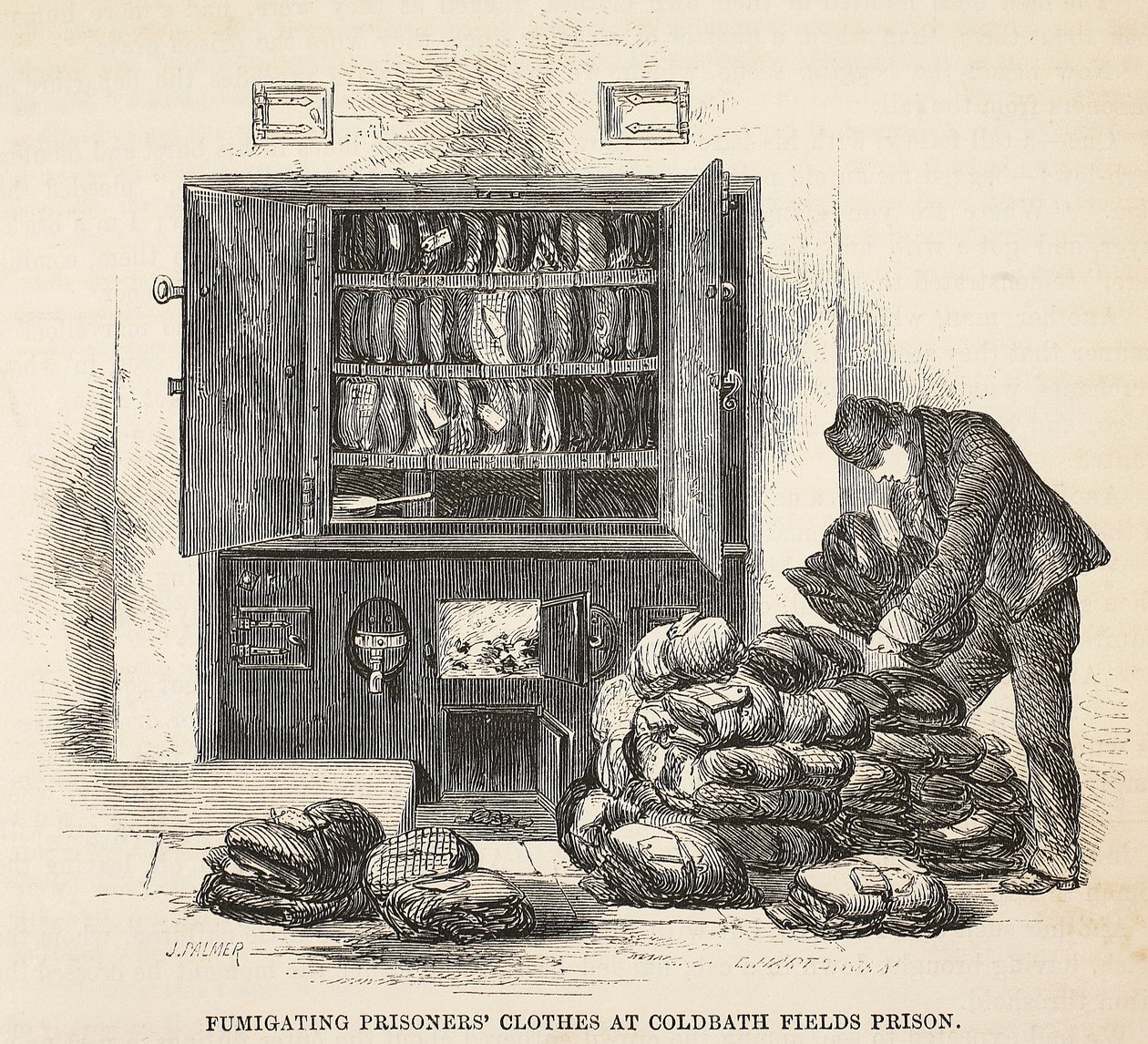 Fangende fangeklær i Coldbath Fields Prison, illustrasjon fra The Criminal Prisons of London og Scenes from Prison Life av Henry Mayhew og John Binny, pub. 1862 av English School