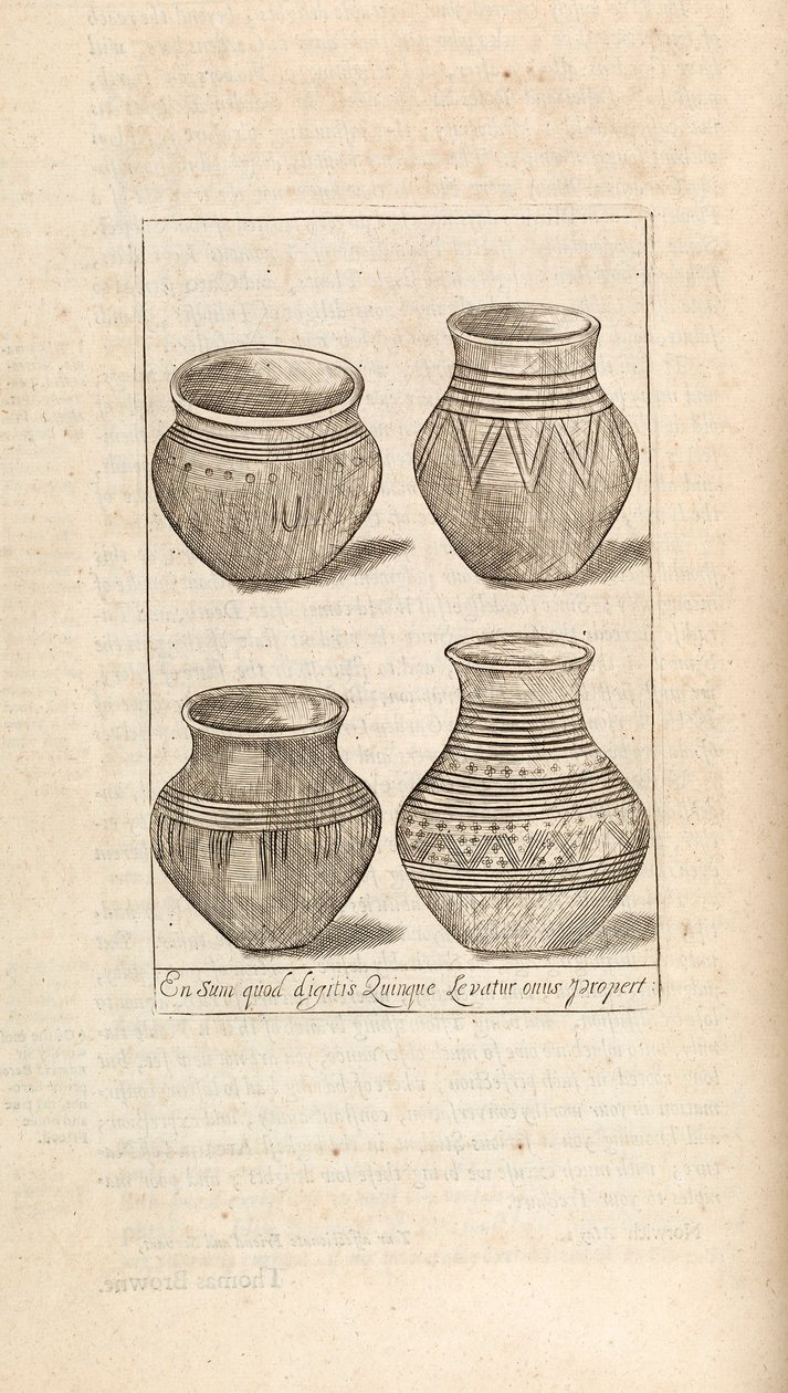 Begravelsesurner, illustrasjon fra Works by Thomas Brown, London 1686 av English School