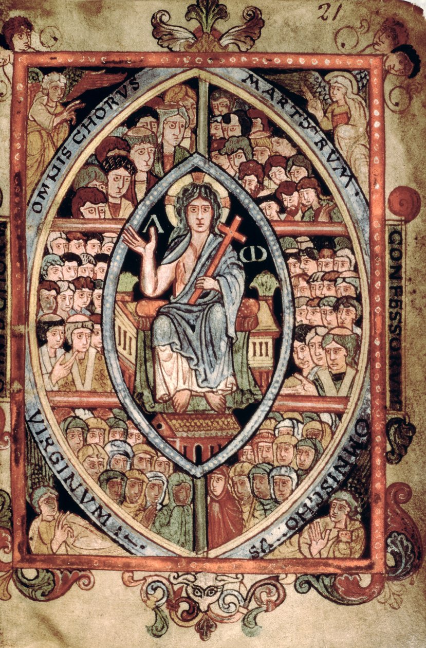 Galba A XVIII f.21r, Kristus i Majestet, fra Athelstan Psalter, Old Minster, Winchester, 925-50 (vellum) av English School