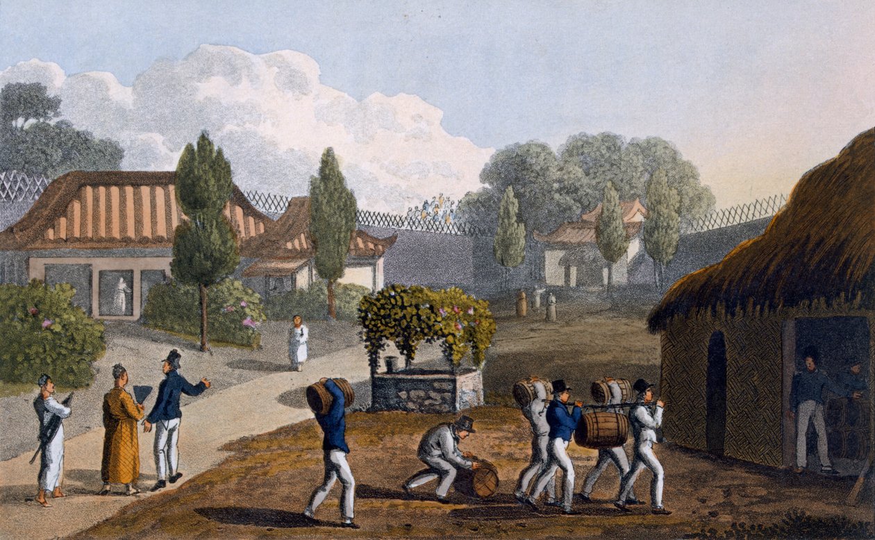 Garden of the Temple of Lewchew, 1820 (farget akvatint) av English School