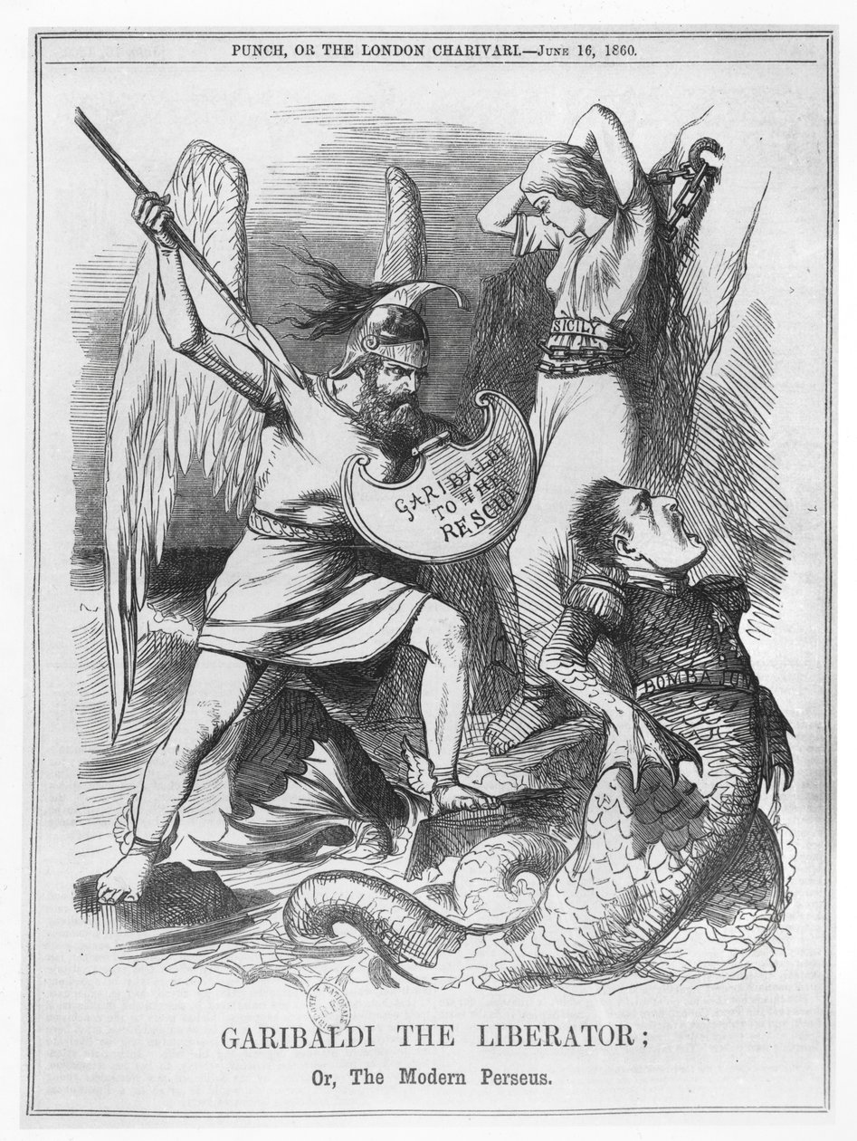 Garibaldi the Liberator, eller The Modern Perseus, fra "Punch" av English School