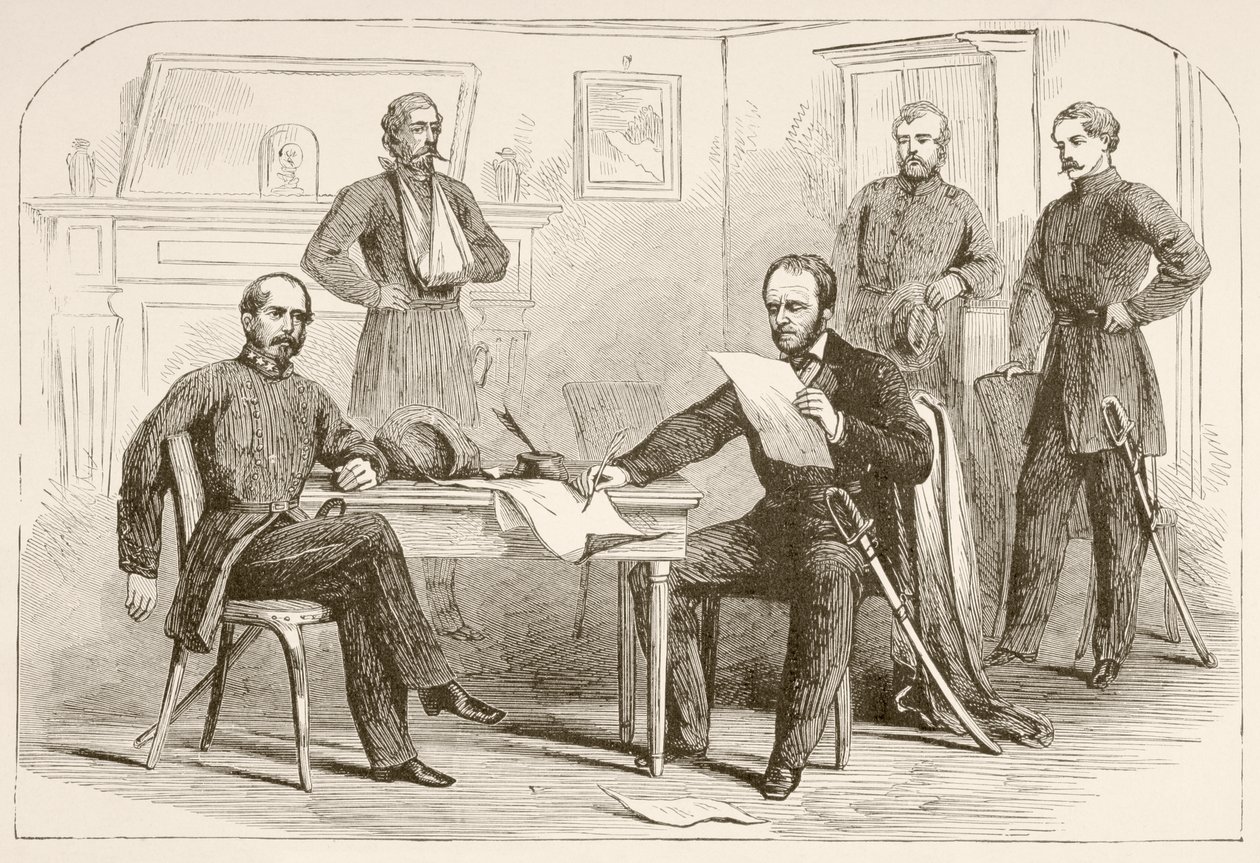 General Joseph Eggleston Johnston overgir hæren til Tennessee til general William Tecumseh Sherman (litho) av English School