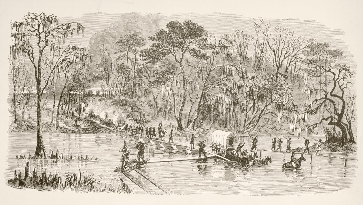 General Shermans tropper krysser Edisto-elven under March to the Sea (litho) av English School
