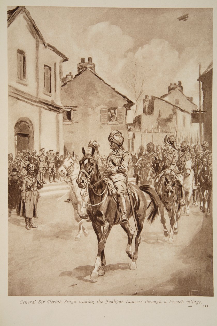 General Sir Pertab Singh ledet Jodhpur Lancers gjennom en fransk landsby, 1914-19 av English School