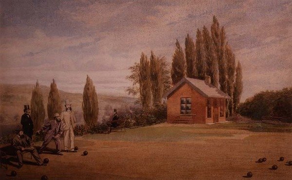Gentlemen Playing Lawn Bowls, ca. 1880 (akvarell på papir) av English School