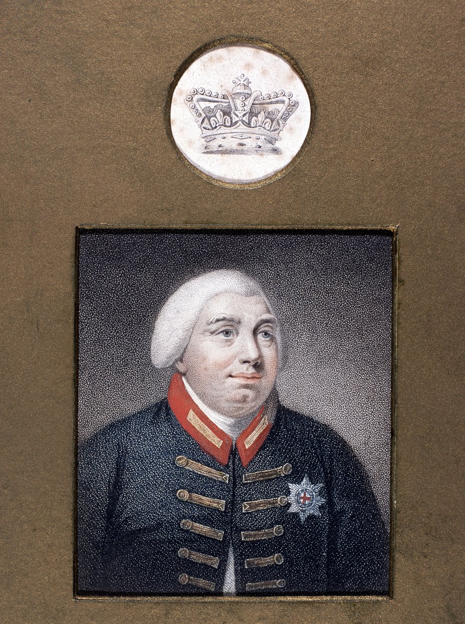 George III (1738-1820) i Windsor Uniform, ca. 1790 (farget stiplegravering) av English School
