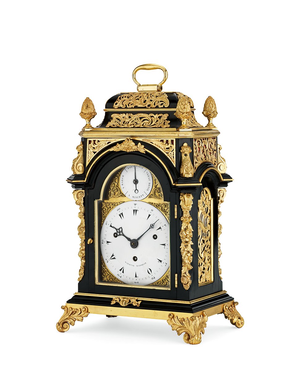 George III ormolu-montert ebonisert slående og musikalsk åttedagers bordklokke av liten størrelse, ca. 1765 (ormolu & ebonisert trekasse) av English School
