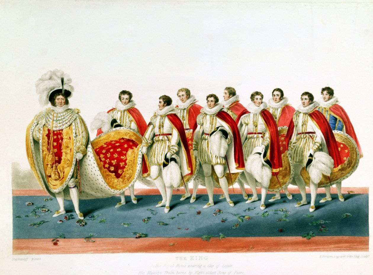 George IV i kroningskåper iført en godshette, gravert av E. Scrivenor, fra en plate av Sir George Naylor av English School
