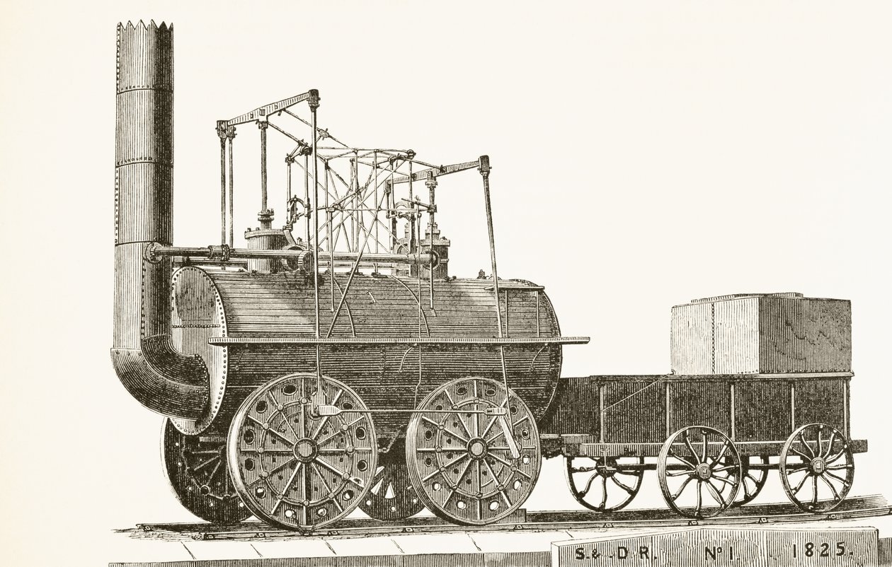 George Stephensons tog fra 1825, fra The National and Domestic History of England av William Hickman Smith Aubrey (1858-1916) publisert London, ca. 1890 av English School