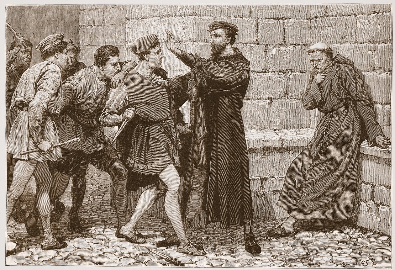 George Wishart beskytter sin fremtidige leiemorder, illustrasjon fra 'The History of Protestantism' av James Aitken Wylie (1808-1890), pub. 1878 (gravering) av English School